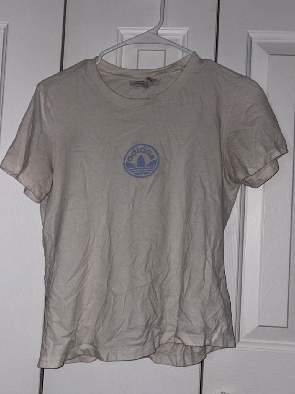 adidas Cream Short Sleeve Tee with Blue Trefoil Logo